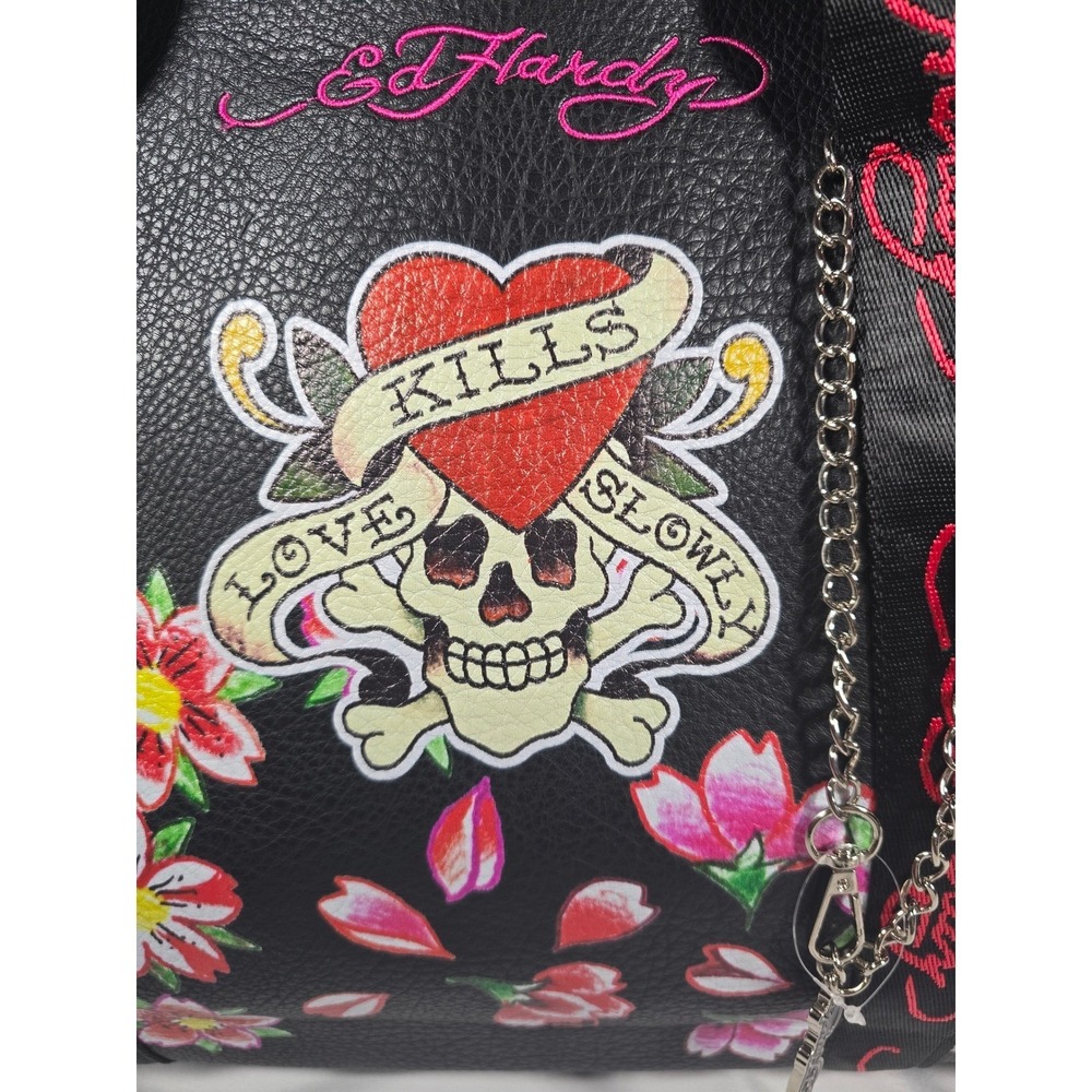 Y2k Ed Hardy Skull Black Floral Tote Bag Floral Skull Tattoo nwt Luggage - Picture 2 of 16